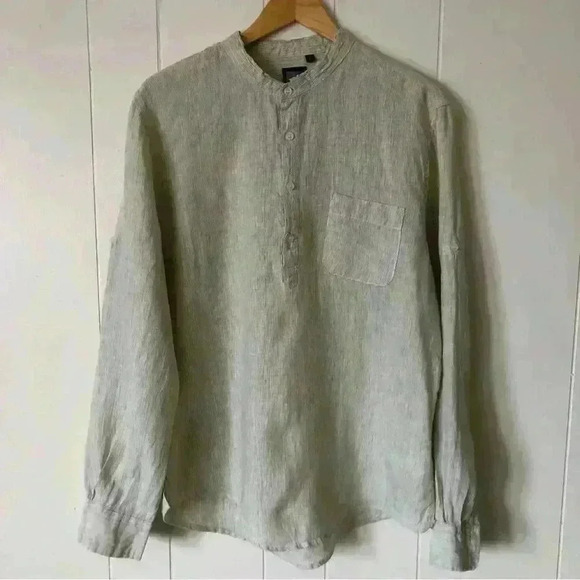 Max Moretti Collar Less Half Button Closure Striped Linen Shirt Size L - Picture 1 of 9